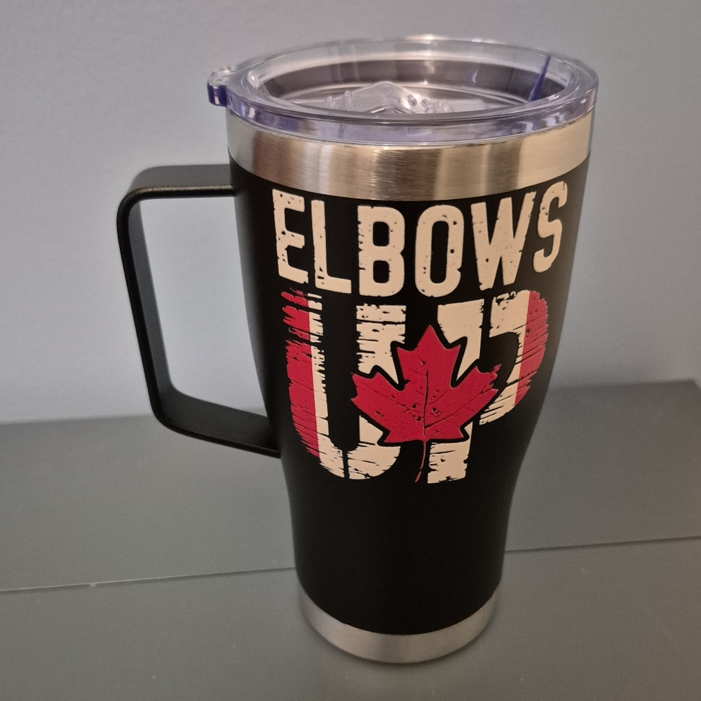 20oz Black Tumbler with Handle with Elbows Up Maple Leaf Design